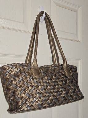 Vintage FOSSIL Metallic Woven Tote Bag in Bronze and Gray
